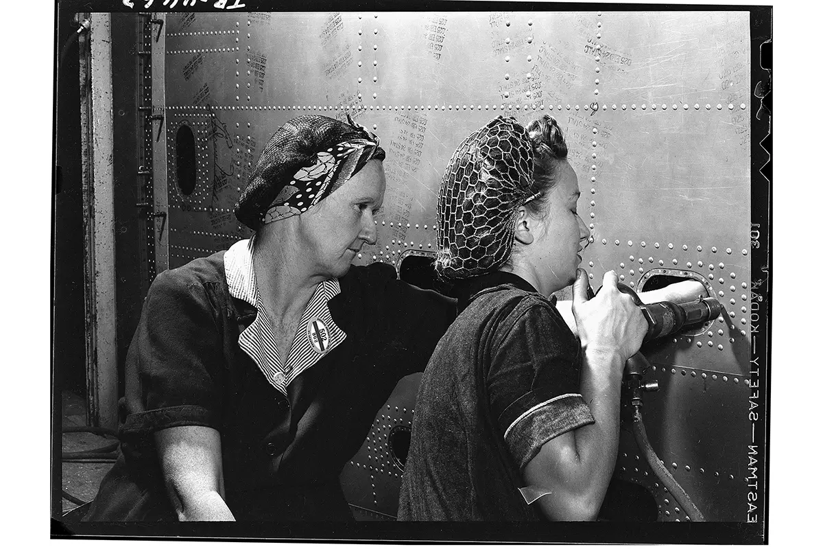 Women riveters working on Douglas Aircraft production during World War II